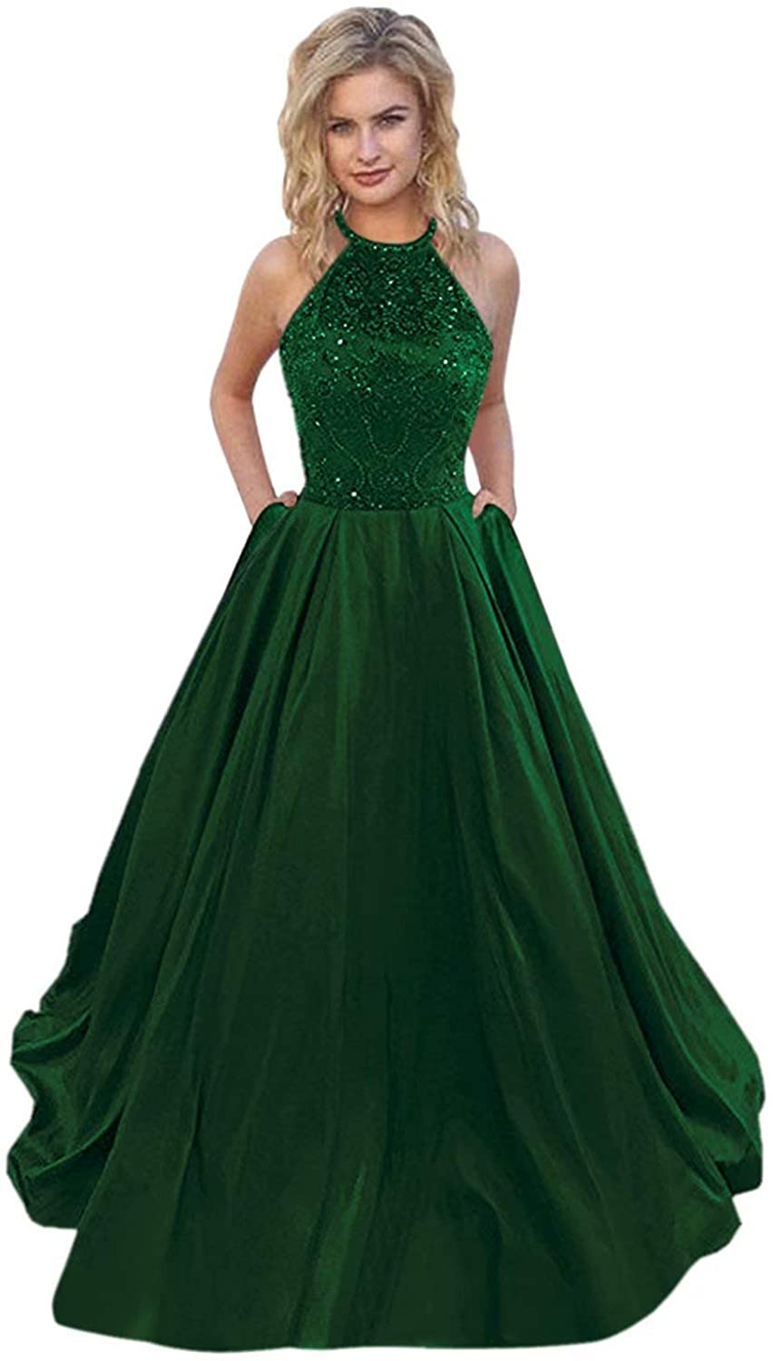 Price:$128.99    Lnxianee Women's Halter Beaded Prom Dresses Long Formal Satin Party Evening Gowns Dark Green  Clothing