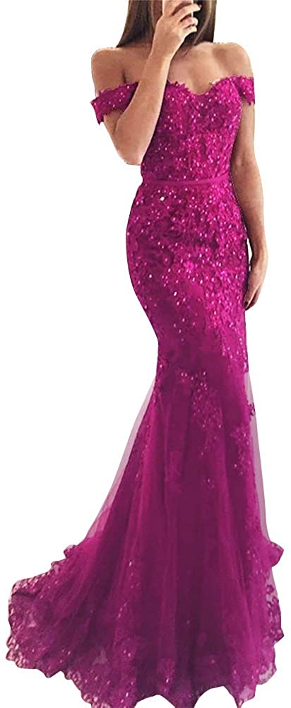 Price:$99.99    YSMei Women's Off Shoulder Long Lace Prom Dress Mermaid Beaded Evening Gown 418  Clothing