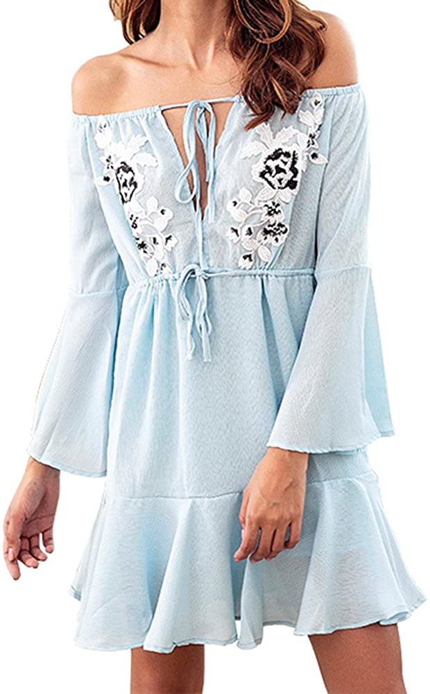 Price:$3.37 Womens Off Shoulder Floral Mini Dress boeson Dresses Summer Sundress Party Beach at Amazon Women’s Clothing store
