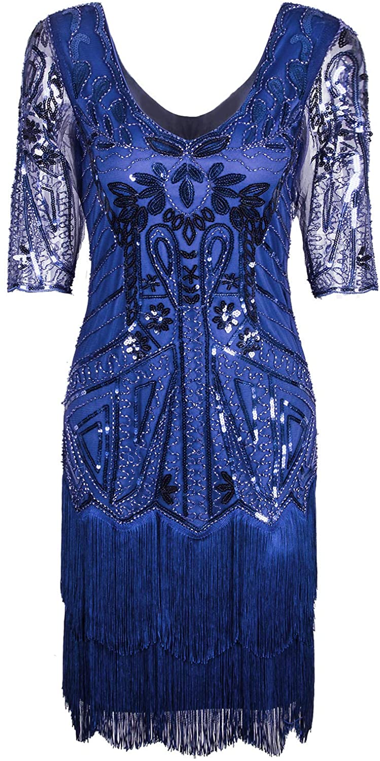 Price:$39.99    VIJIV Women's 1920s Flapper Dress V Neck Beaded Art Deco Tassel Cocktail Dresses with Sleeves  Clothing