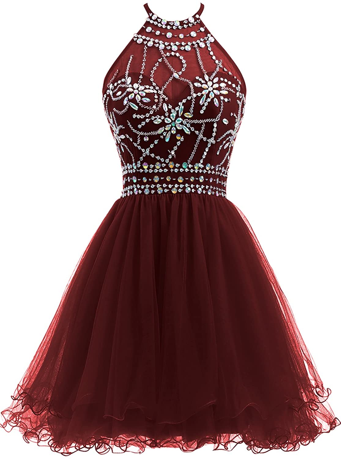 Price:$69.99    Ellames Women's Beaded Halter Homecoming Dress Short Tulle Prom Dress  Clothing
