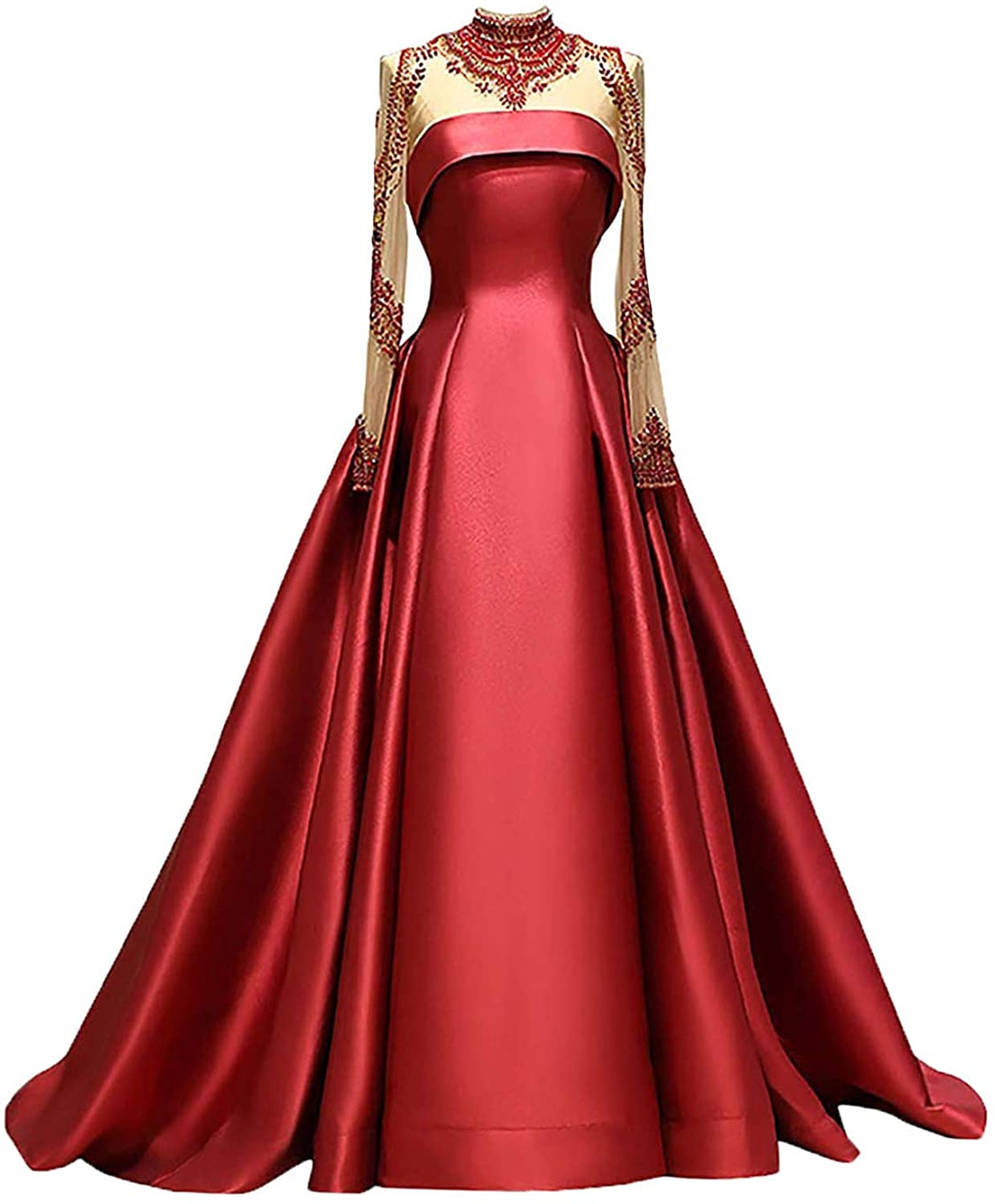 Price:$139.95 M Bridal Women's A-Line High Neck Long Sleeve Satin Prom Gown at Amazon Women’s Clothing store