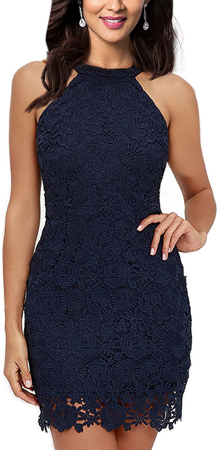Price:$24.99 SUJAN Women's Slim Dresses Sleeveless Lace Halter Cocktail Short Dress at Amazon Women’s Clothing store