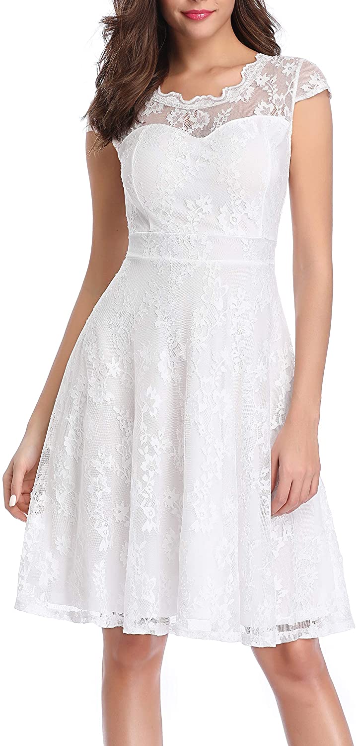 Price:$19.99    OWIN Women's Vintage Floral Lace Dress Cap Sleeve Cocktail Party Swing Dress  Clothing