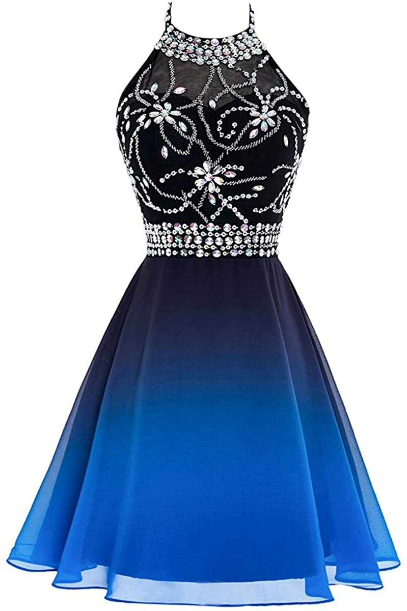 Price:$68.99    Zechun Women's Beaded Halter Neck Short Chiffon Homecoming Party Prom Dress  Clothing