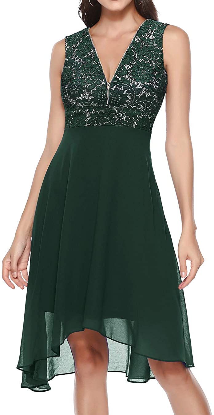 Price:$9.99    BeryLove Women's Vintage Lace Chiffon Cocktail Dress Sleeveless High Waist Bridesmaid Party Swing Dress  Clothing