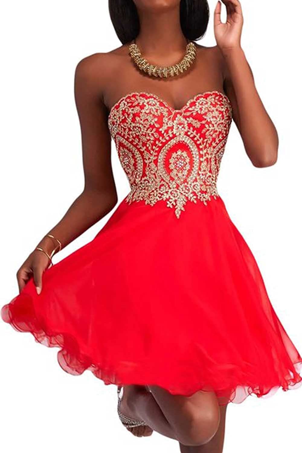 Price:$29.14    Manfei Short Prom Dress Bridesmaid Party Gowns Gold Appliques  Clothing