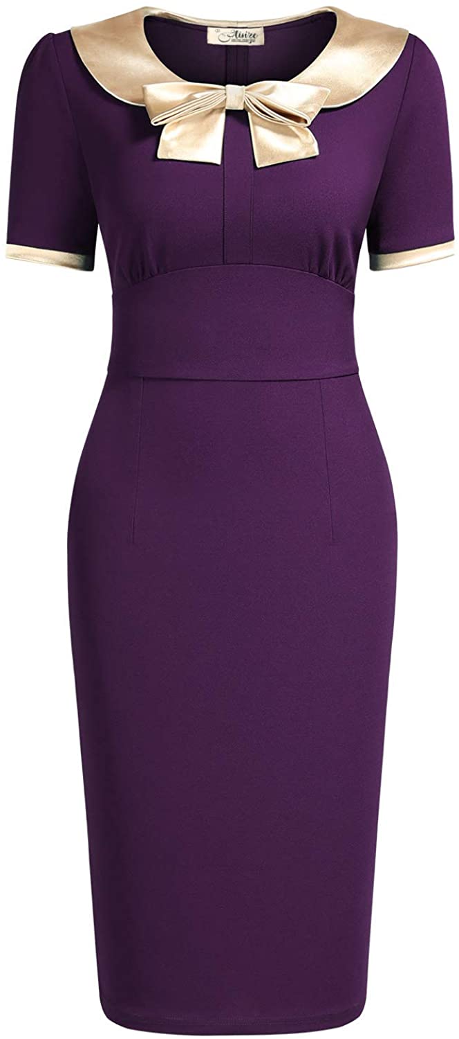 Price:$34.99 AISIZE Women 1940s Vintage Cute Golden Bow Bodycon Dancing Dress at Amazon Women’s Clothing store