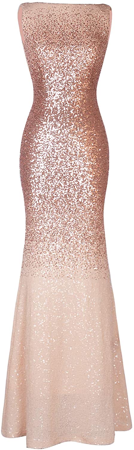 Price:$75.99 Fazadess Women Sparkling Gradual Champagne Sequin Mermaid Backless Evening Prom Dress at Amazon Women’s Clothing store