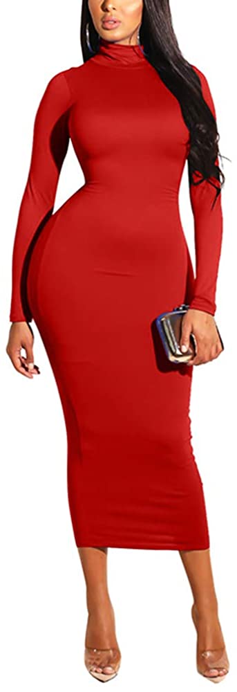 Price:$8.99 Salimdy Women's Sexy Turtleneck Long Sleeve Bodycon Party Long Dress at Amazon Women’s Clothing store