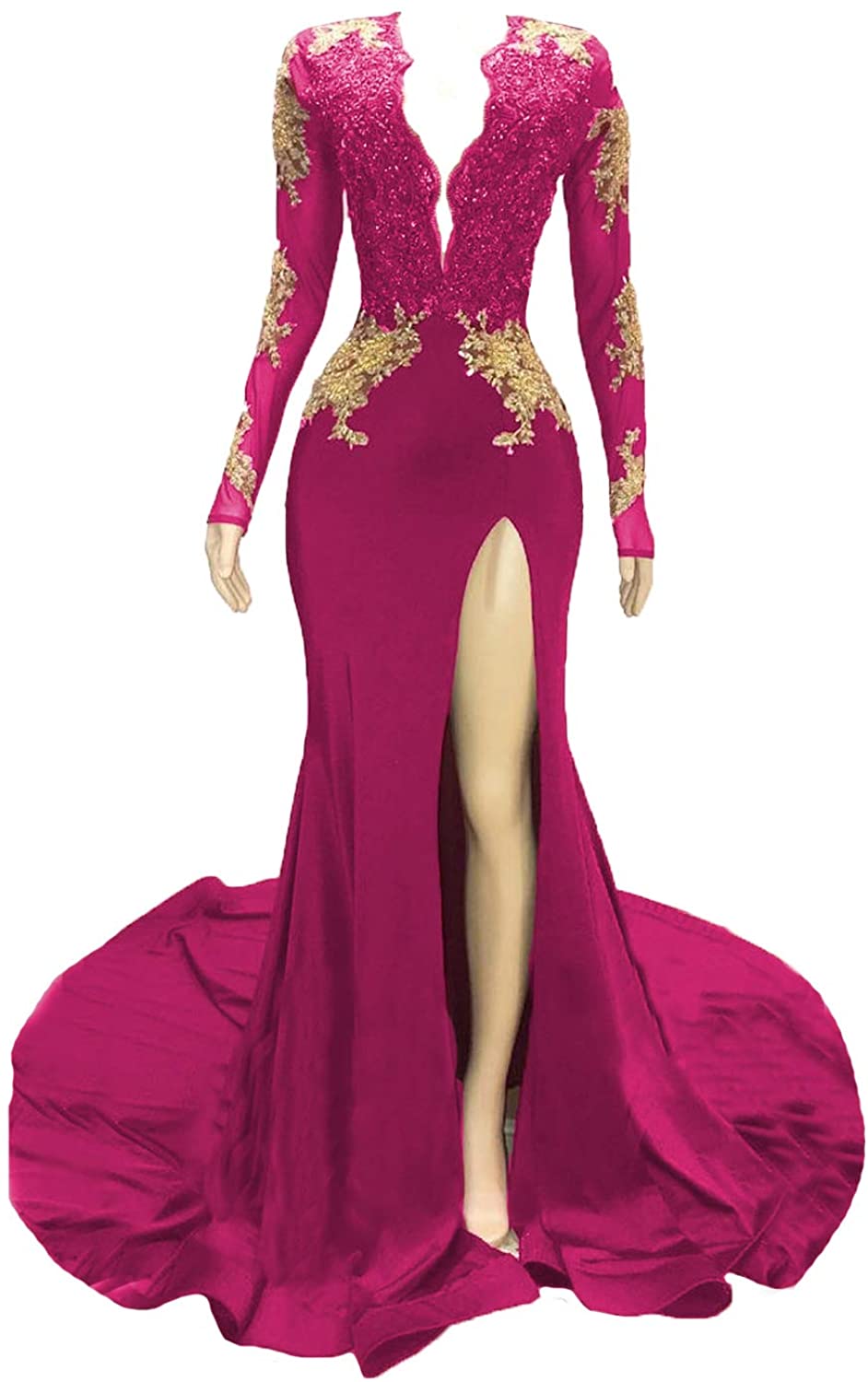 Price:$99.99 Graceprom Women's Backless Mermaid Prom Dress Gold Lace s Side Slit Evening Gown at Amazon Women’s Clothing store