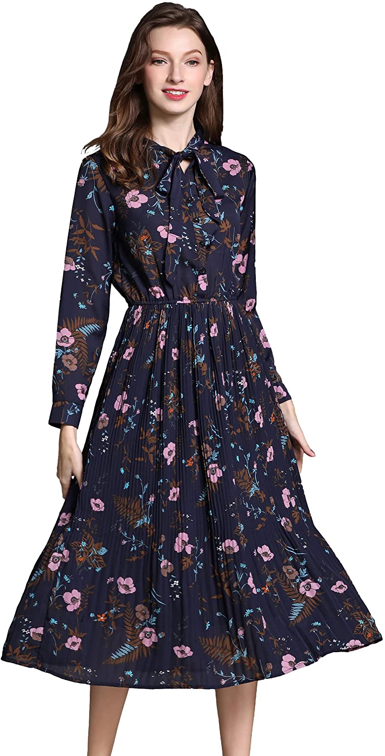 Price:$27.90 Shineflow Women's Vintage Floral Printed Long Sleeves Bowknot Pleated Swing Cocktail Party Midi Dress at Amazon Women’s Clothing store