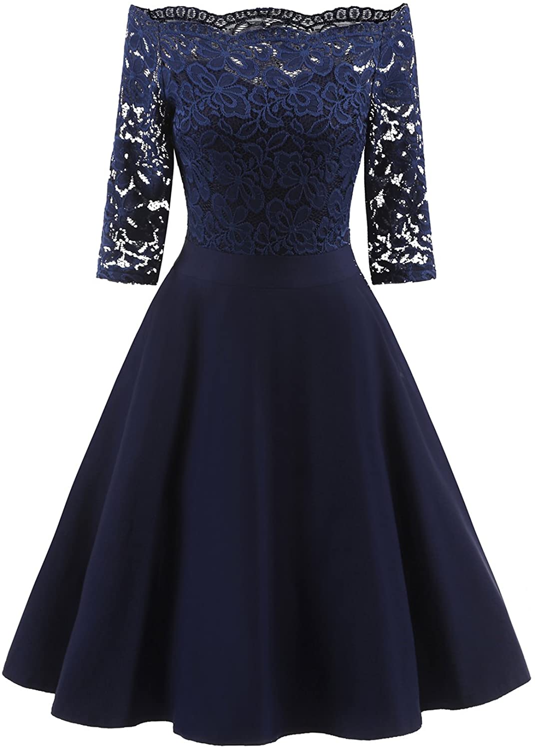 Price:$29.89 MINTLIMIT Vintage Lace Dress, 3/4 Sleeve Boat Neck Cocktail Party Skater Swing A-line Dress at Amazon Women’s Clothing store