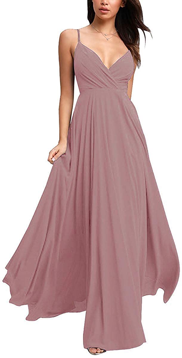 Price:$7.98 V-Neck Bridesmaid Dresses Long Spaghetti Chiffon Ruched Prom Gowns for Juniors Evening at Amazon Women’s Clothing store