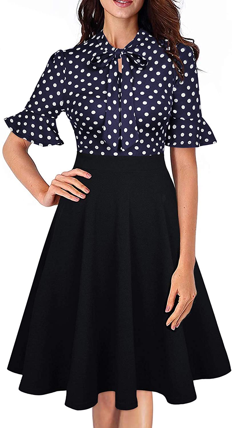 Price:$20.99    MOKAYEE Womens Polka Dot Bow Tie Neck Semi-Formal Fit and Flare Work Dresses  Clothing