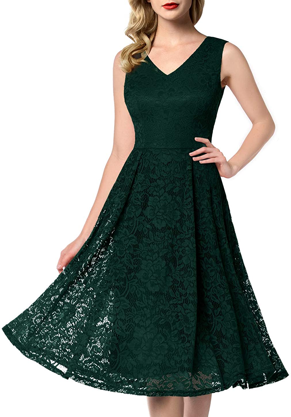 Price:$34.69    AONOUR Women's Vintage Floral Lace Cocktail Dress V Neck Fit & Flare Midi Wedding Party Dress  Clothing