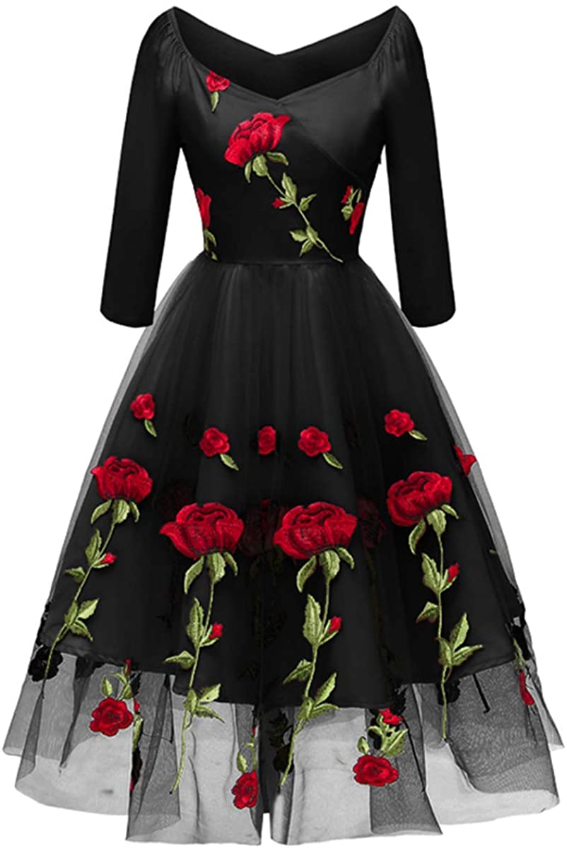 Price:$16.95    Women Vintage Off Shoulder Rose Embroidered Floral Evening Dress V Neck Short 3/4 Sleeves Wedding Cocktail A Line Midi Gown  Clothing