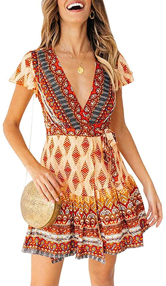 Price:$21.99 AEL Womens Floral Print Bohemian Dresses Short Sleeve Beach Vintage Party Wrap Mini Dress with Belt at Amazon Women’s Clothing store
