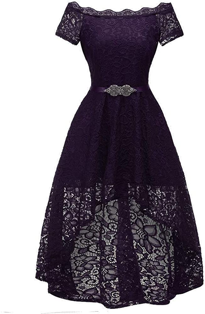 Price:$36.00    Women's Vintage Off Shoulder Cocktail Hi-Lo Floral Lace Bridesmaid Formal Swing Dress with Beaded Belt  Clothing