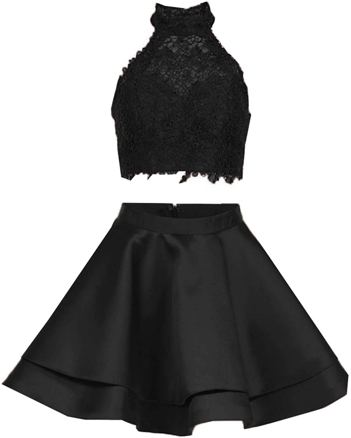 Price:$79.00    Libaosha Women's Satin Lace Halter Short Prom Dress Two Pieces Homecoming Dresses  Clothing