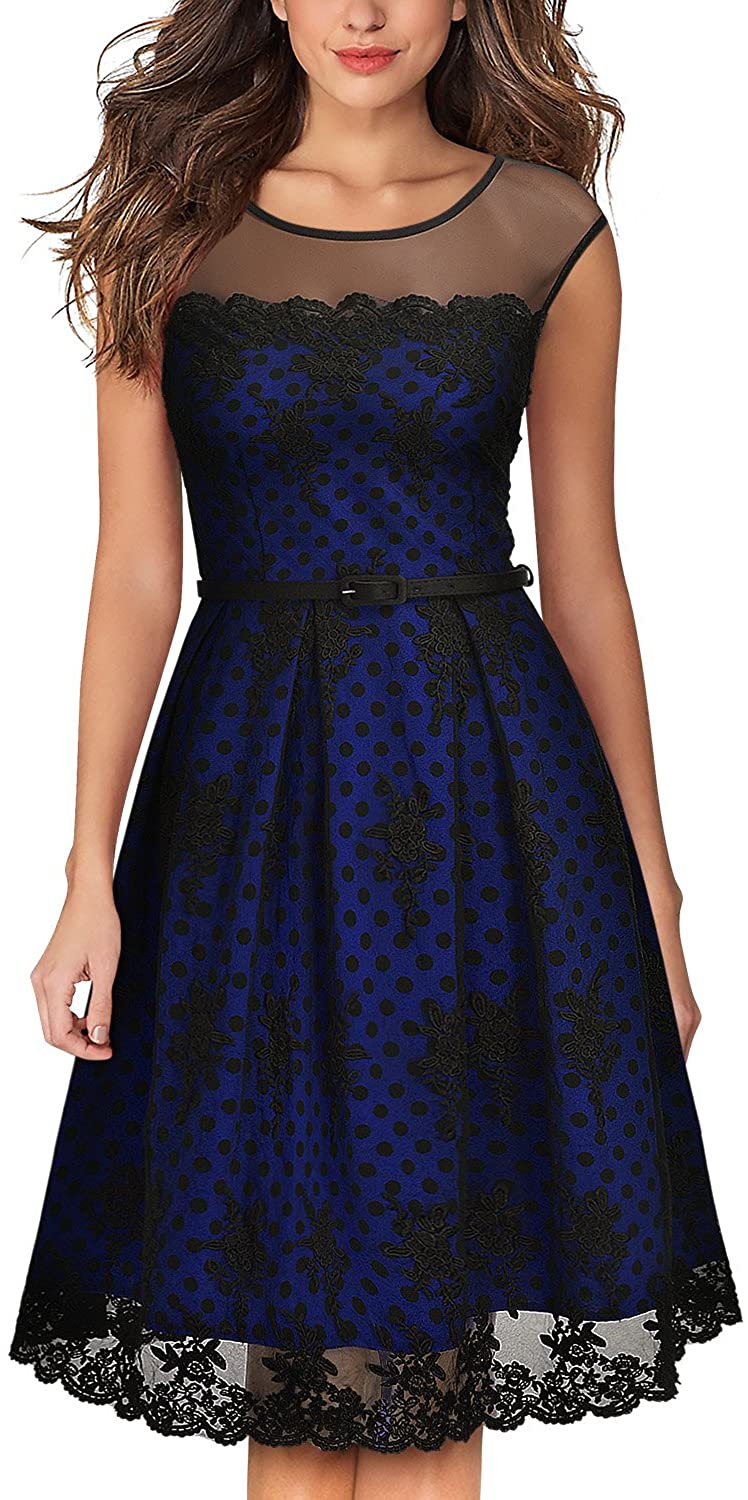 Price:$32.99    MISSMAY Women's Vintage Cocktail Party Embroidered Lined Polka Dots Swing Dress  Clothing