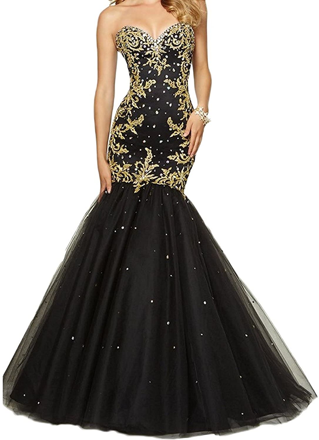 Price:$118.98 SDRESS Women's Beaded Sequines Gold Appliques Lace-up Mermaid Formal Prom Dress at Amazon Women’s Clothing store