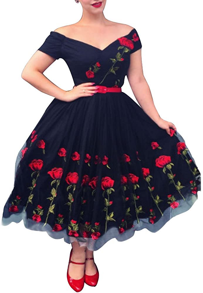 Price:$21.99    Aofur Women's Vintage 1950's Floral Spring Rose Print Rockabilly Swing Prom Party Cocktail Dress  Clothing