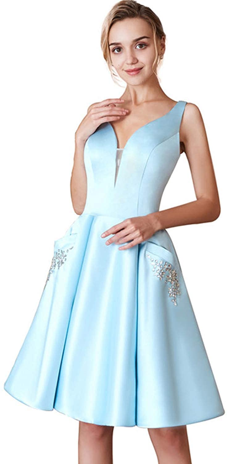 Price:$9.99    V-Neck Homecoming Dresses Satin Beaded Pockets Short Long Cocktail Prom Dresses  Clothing