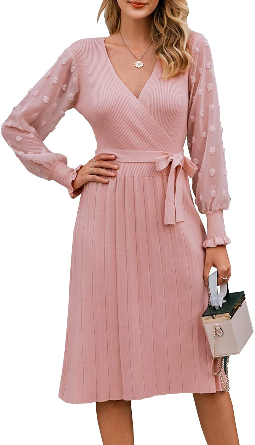 Price:$34.99    Sollinarry Women's V Neck Long Sleeve Knit Sweater Dress Pleated Wrap Midi Dress with Belt  Clothing