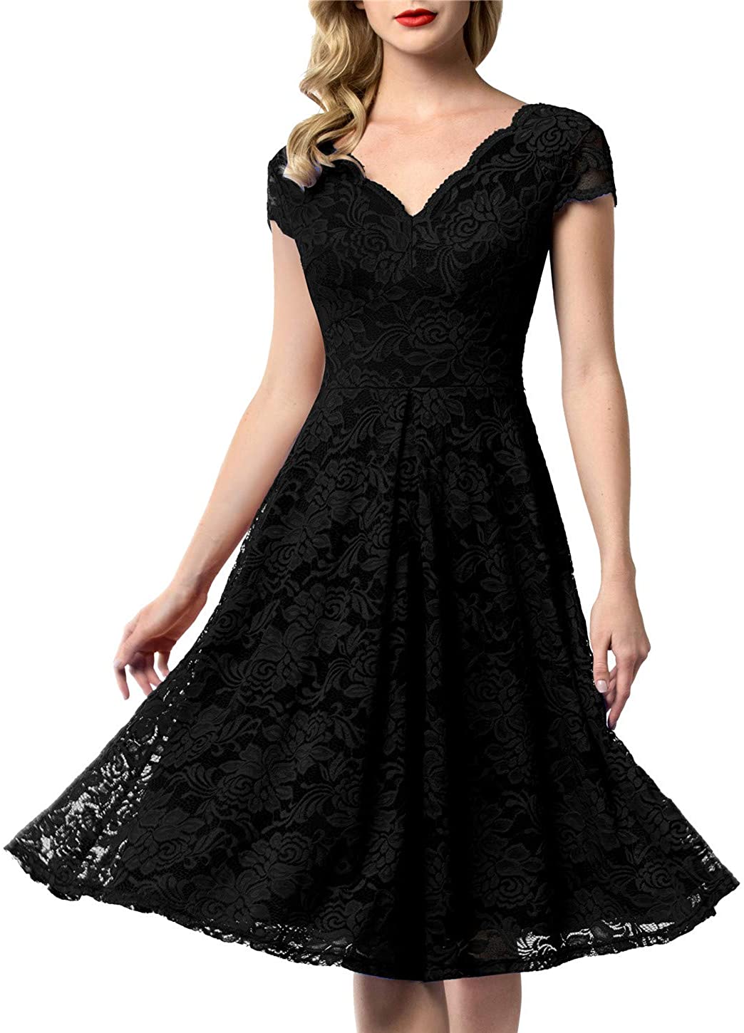 Price:$38.99    AONOUR 0052 Women's Vintage Floral Lace Bridesmaid Dress Wedding Party Midi Dress Cap Black 2XL  Clothing