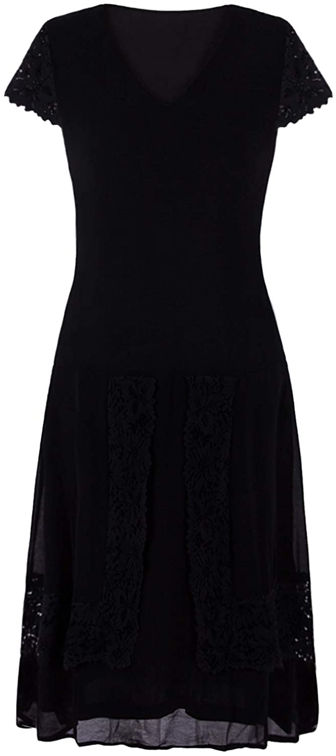 Price:$29.99    VIJIV Womens Black 1920s Lace Flapper Dresses V Neck Roaring 20s Gatsby Dress with Sleeves  Clothing