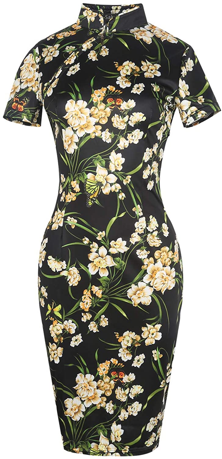 Price:$25.99    Sakaly Women's Vintage Print Slim Office Ladies Wear Party Midi Knee Length Sheath Working Dress SK183  Clothing
