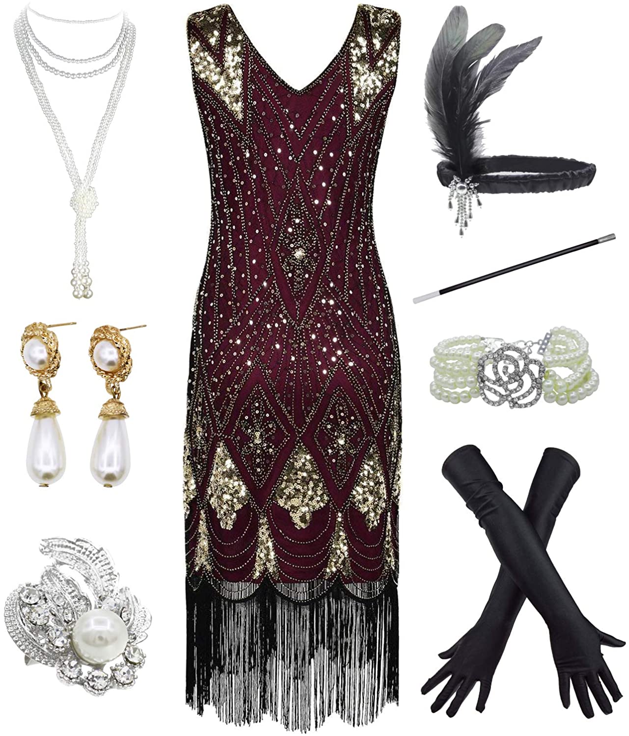 Price:$46.90    1920s Vintage Flapper Floral Fringe Beaded Gatsby Party Plus Dress W/ 20s Accessories  Clothing