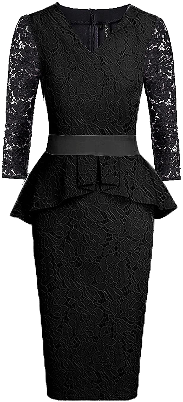 Price:$24.90    Women's Lace Peplum Cocktail Bodycon Midi Dress Vintage 3 Quarters Long Sleeve  Clothing