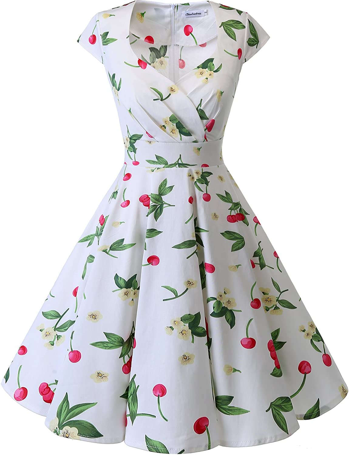 Price:$28.99    Bbonlinedress Women Short 1950s Retro Vintage Cocktail Party Swing Dresses White Small Cherry M  Clothing