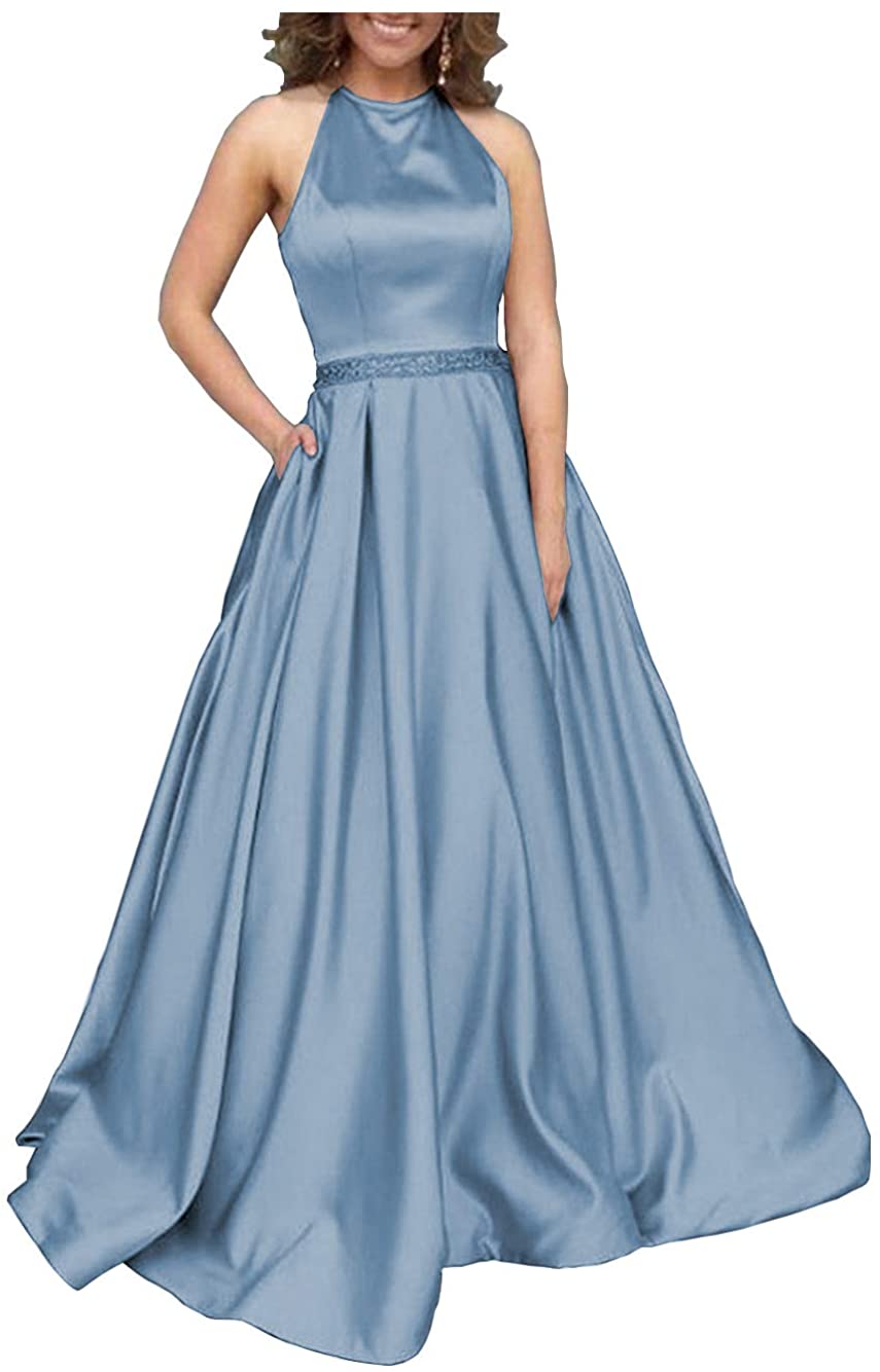 Price:$8.99 Women's Halter A-line Beaded Satin Evening Prom Dress Long Formal Gown with Pockets at Amazon Women’s Clothing store