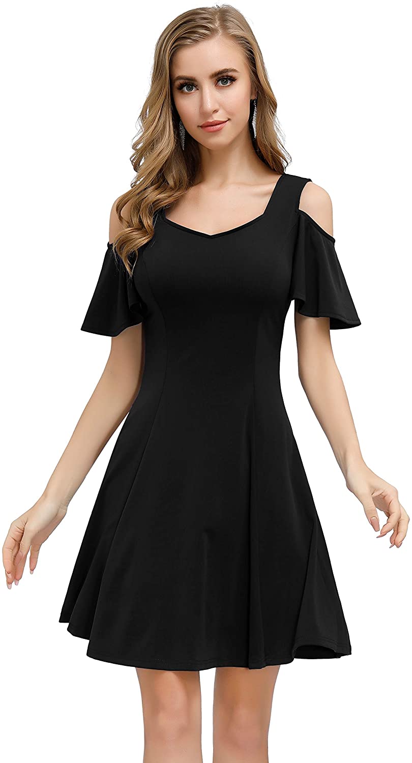 Price:$22.99    JASAMBAC Women's Cold Shoulder Ruffle Sleeve A-line Skater Dress Cocktail Party Dress  Clothing