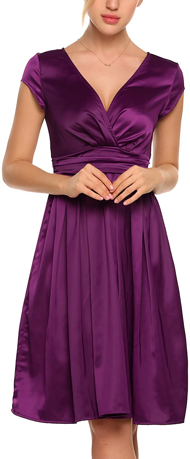 Price:$9.00    ACEVOG Women Deep V-Neck Empire Waist Satin Cap Sleeve Short Bridesmaids Cocktail Party Dress  Clothing