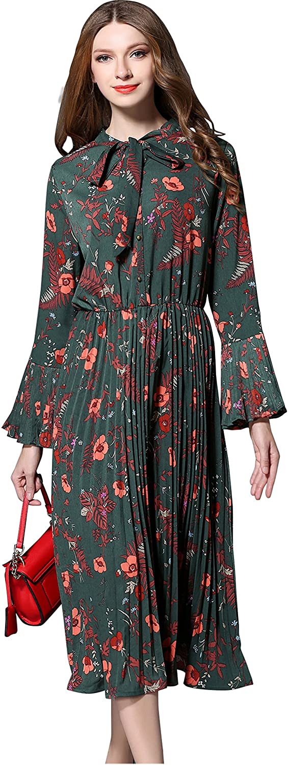 Price:$24.90    Shineflow Women's Vintage Floral Printed Lotus Sleeves Elastic Waist Pleated Swing Cocktail Party Midi Dress  Clothing