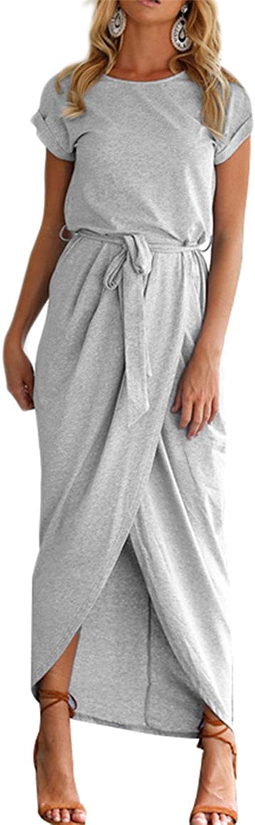 Price:$20.88 YMING Women Summer Casual High Waist Midi Dress Solid Color Wrap Faux Dress with Belt at Amazon Women’s Clothing store