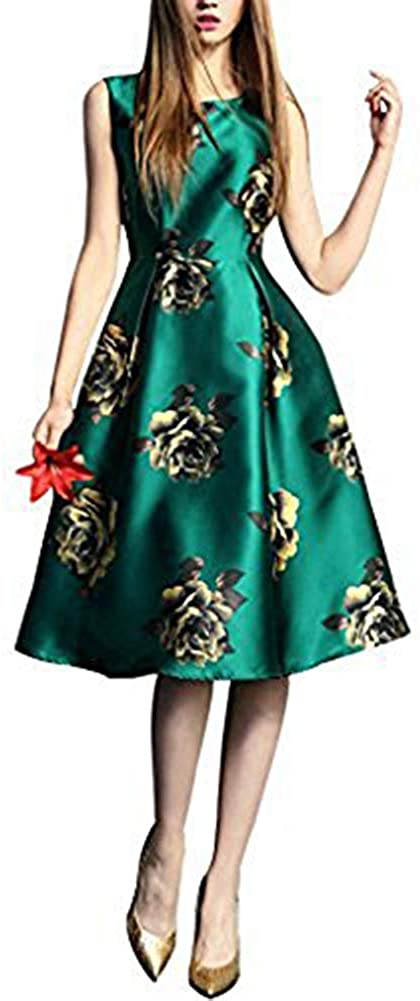 Price:$19.36    BUENOS NINOS Women's Sleeveless Flower Printed Vintage Cocktail Flare Dresses  Clothing