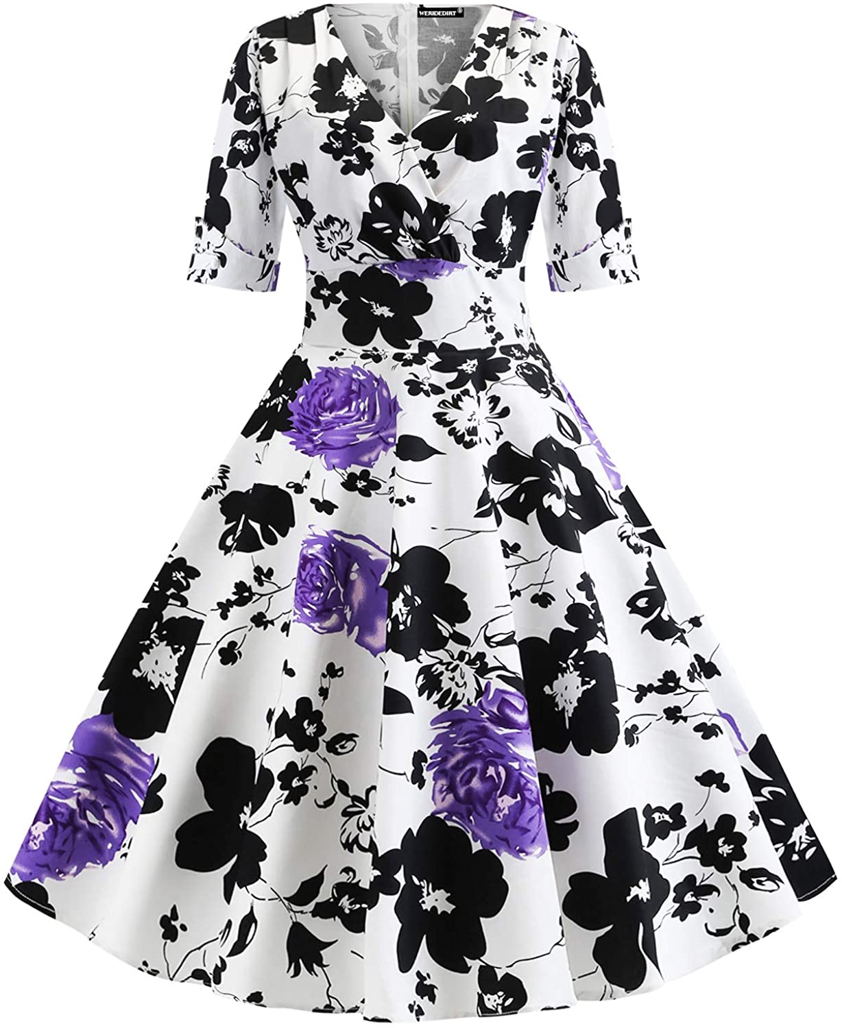 Price:$25.99    WERIDEDIRT Women's 1950s Vintage Deep V Neck Half Sleeve Retro Cocktail Swing Dress  Clothing