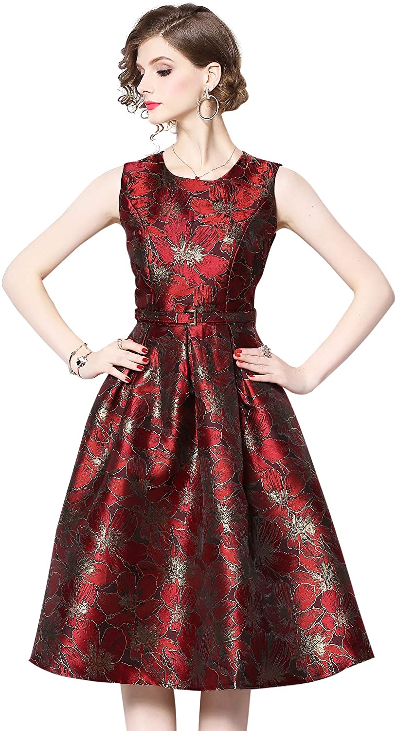 Price:$32.98    LAI MENG FIVE CATS Women's Sleeveless Round Neck Floral A Line Fit & Flare Cocktail Party Dress  Clothing