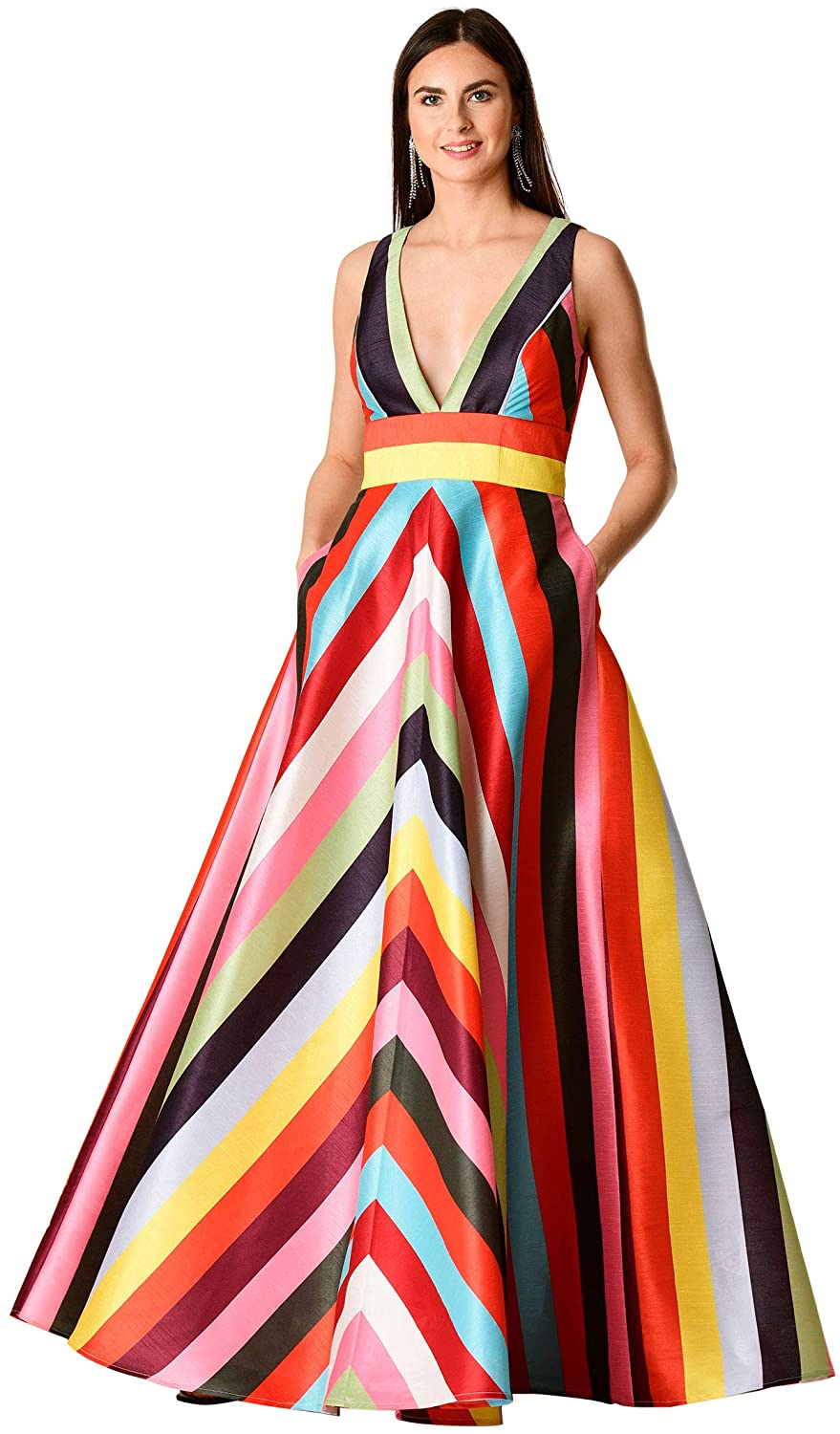 Price:$109.95    eShakti FX Plunge Chevron Stripe Print Dupioni Dress- Customizable Neckline, Sleeve  Clothing