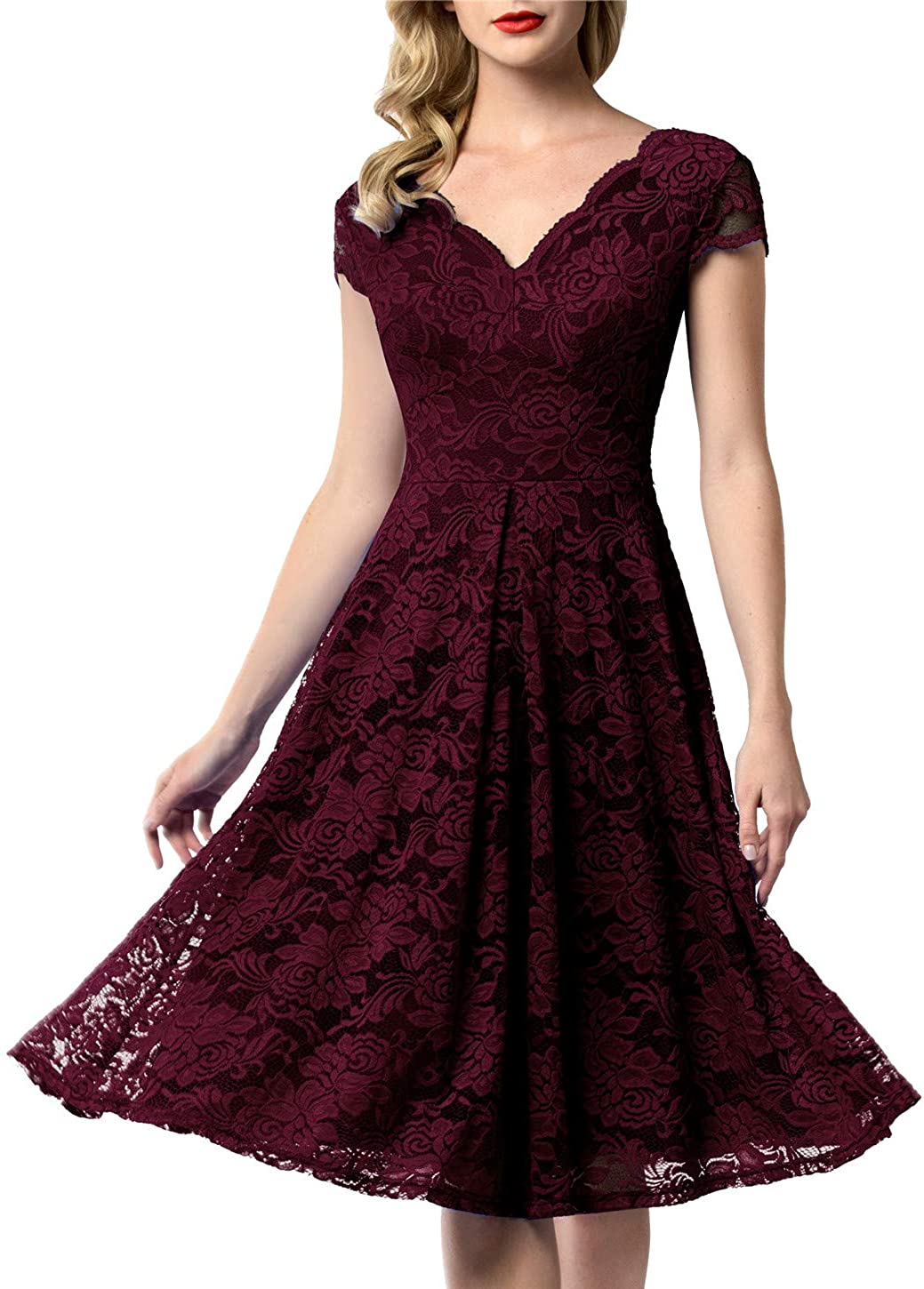 Price:$38.99    AONOUR 0052 Women's Vintage Floral Lace Bridesmaid Dress Wedding Party Midi Dress Cap Burgundy XL  Clothing