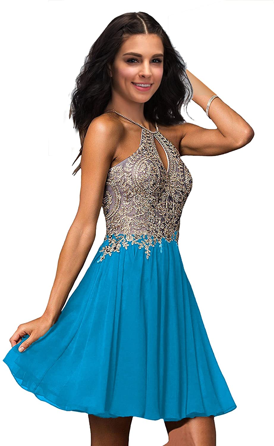 Price:$5.00    Lily Wedding Junior Halter Gold Prom Dress Short Homecoming Party Dress  Clothing