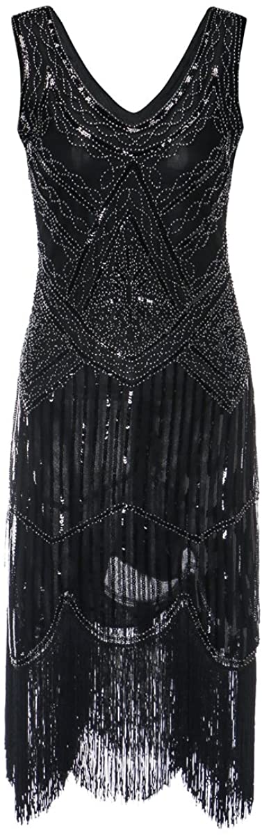 Price:$29.98    S-3xl 4XL 5XL Women's 1920s Gatsby Cocktail Sequin Beaded V-Neck Fringed Tassels Hem Flapper Dress  Clothing