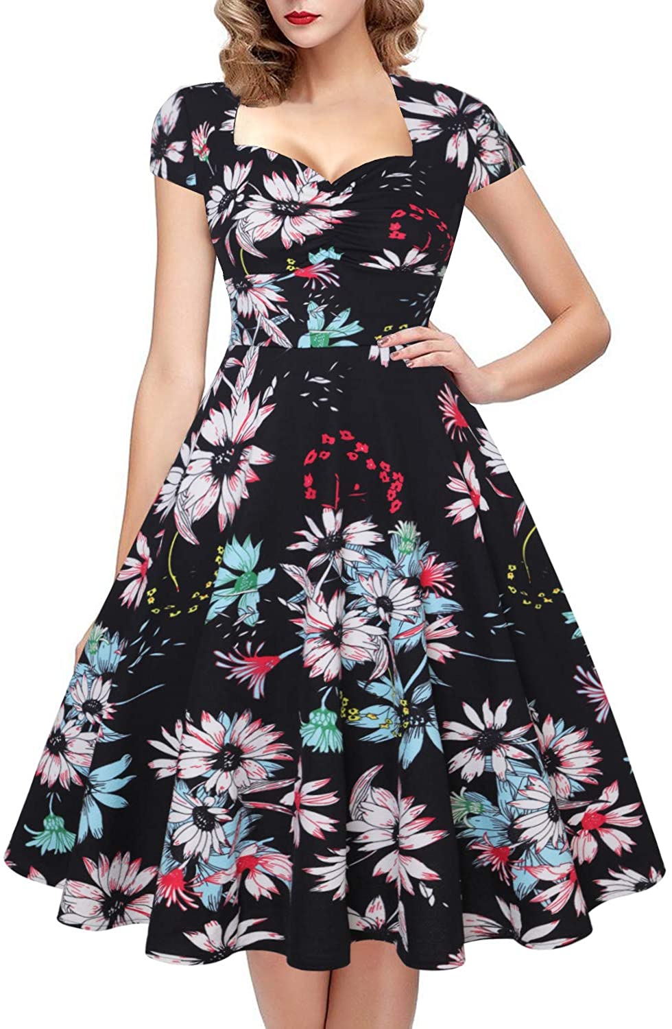 Price:$22.99    oten Women's Floral Printed Dress Swing Cocktail Party Dress Cap Sleeve  Clothing