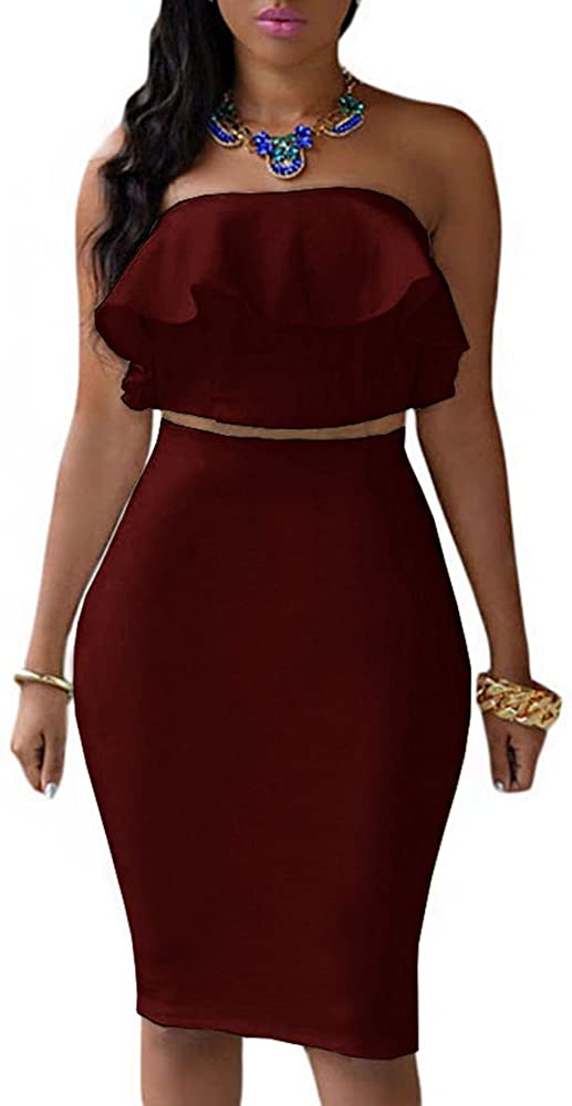 Price:$18.99    Eiffel Women's Off Shoulder Ruffle Crop Top Pencil Skirt Dress Two-Piece Set  Clothing