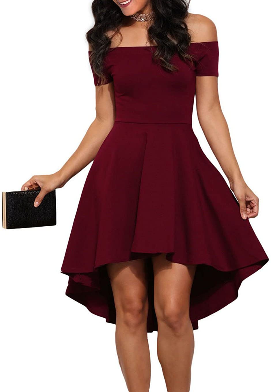 Price:$6.99    LOSRLY Womens Off The Shoulder Skater High Low Homecoming Party Cocktail Dress  Clothing